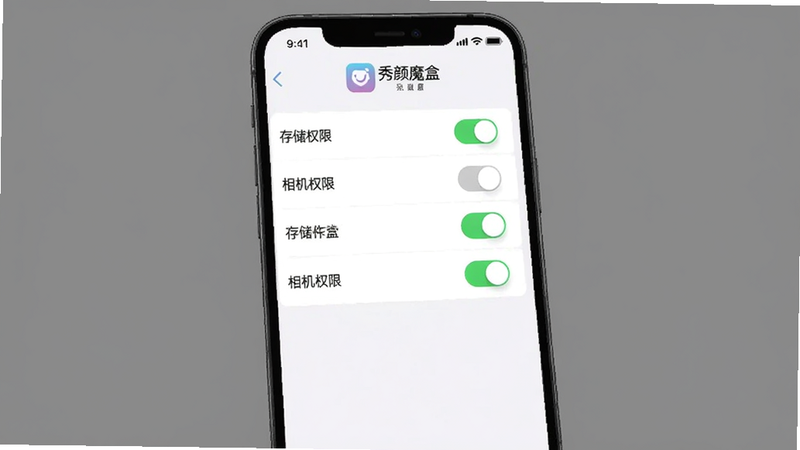 主体:手机屏幕显示秀颜魔盒的设置页面,包含“存储权限”、“相机权限”等选项,背景为纯灰色,布局为UI截图,风格为简洁平面设计,细节包括权限开关状态,画质干净,无多余元素。