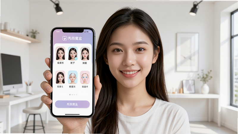 主体:一位年轻女性手持手机展示秀颜魔盒应用界面,界面中有多个人像美化功能图标,背景为明亮简约的现代工作室,布局采用中心构图,人物位于画面中央,手机屏幕朝向镜头,排版清晰,风格为写实摄影风格,细节包括手机屏幕上的“秀颜魔盒”文字标识和功能按钮,画质高清干净,无多余元素。