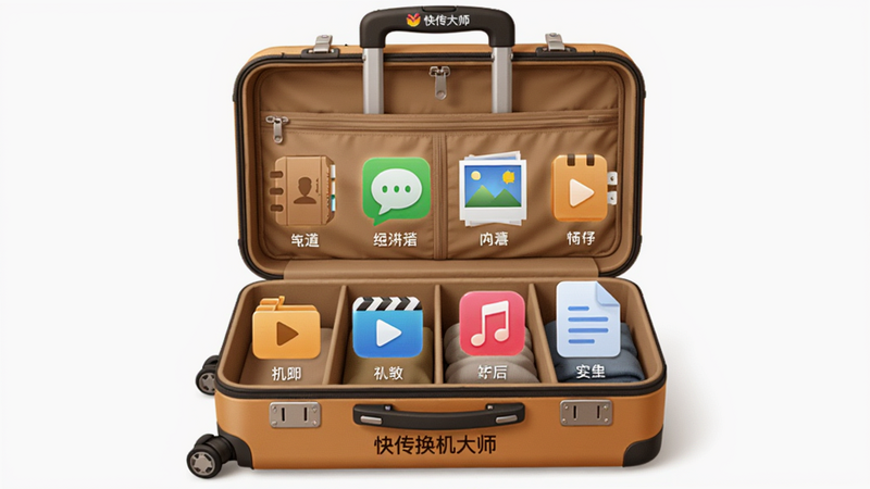 主体:一个打开的行李箱,里面整齐摆放着通讯录、短信、照片、视频、音乐、文档等图标,行李箱上印有“快传换机大师”字样。布局:行李箱居中,图标分类排列。排版:图标下方标注中文名称,行李箱拉杆处有品牌Logo。风格:写实与扁平结合,色彩温暖。细节:行李箱内部有分隔层,图标带有微光效。画质:高清,干净,无多余元素。
