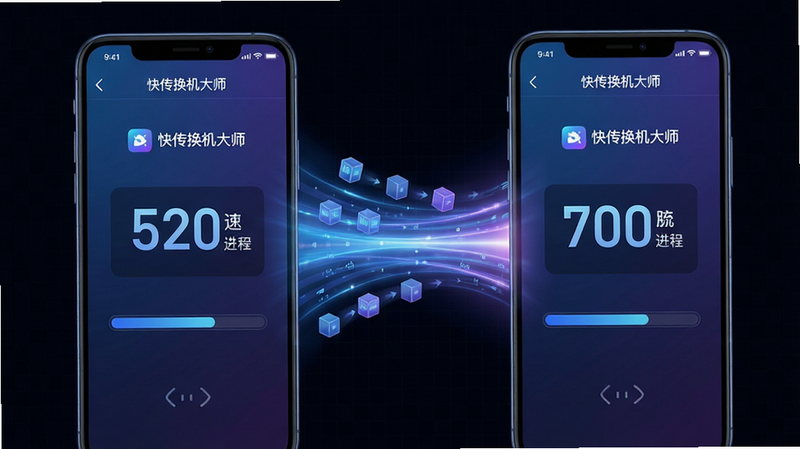 主体:两部智能手机面对面放置,屏幕显示“快传换机大师”传输界面,中间有高速数据流动的光效。布局:左右对称,手机居中,光效连接两部手机。排版:传输速度数字以大字显示在屏幕中央,下方有传输进度条。风格:炫酷科技风,蓝色与紫色色调。细节:光效流畅,数据包图标沿光效移动,背景为深色网格。画质:高清,干净,无多余元素。