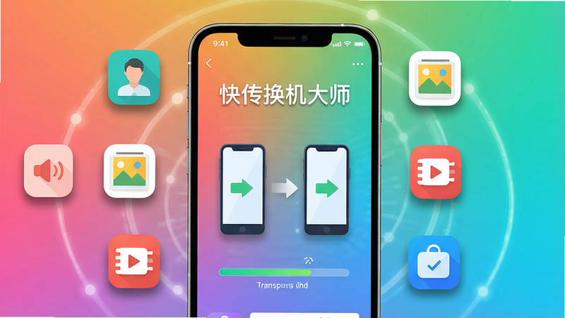 主体:一部智能手机屏幕显示“快传换机大师”应用界面,界面中有两个手机图标互相传输数据,周围环绕着联系人、照片、视频、应用等图标。布局:居中构图,主界面突出,数据图标环绕排列。排版:界面元素清晰,标题文字醒目,图标大小适中。风格:现代扁平化设计,色彩明快,科技感强。细节:手机屏幕高亮显示传输进度条,背景为渐变色,数据图标带有阴影效果。画质:高清,干净,无多余元素。