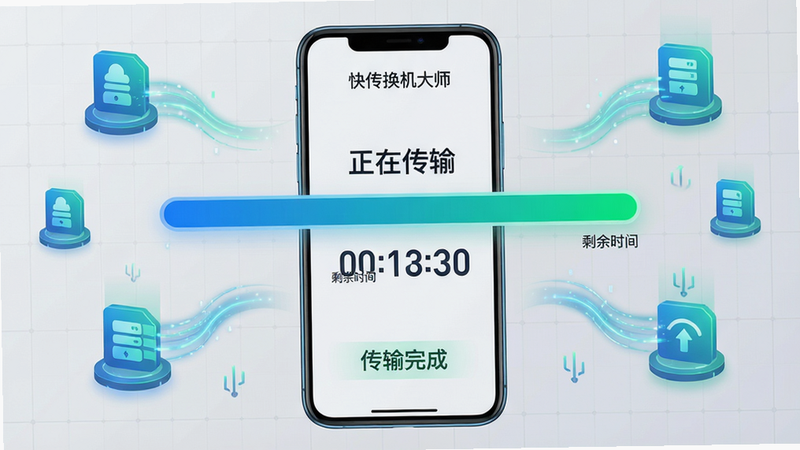主体:一部手机屏幕上显示“快传换机大师”传输进度条,背景有多个数据图标,底部有“传输完成”字样。布局:手机居中,进度条醒目。排版:进度条上方有“正在传输”文字,下方有“剩余时间”倒计时。风格:科技感,蓝色与绿色色调。细节:数据图标带有流动光效,背景为浅灰网格。画质:高清,干净,无多余元素。