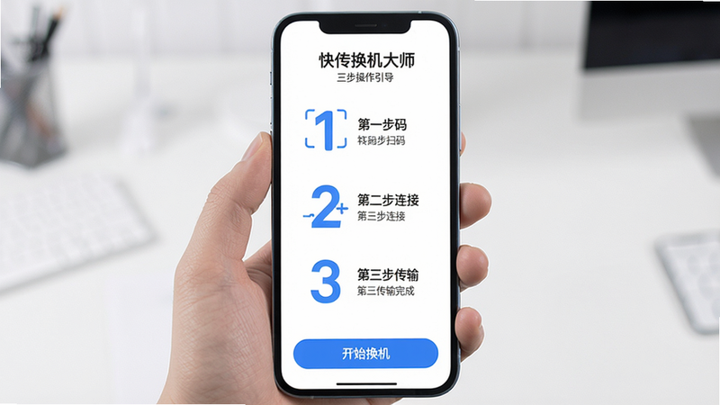 主体:手机屏幕展示“快传换机大师”三步操作引导界面,第一步扫码,第二步连接,第三步传输完成。布局:竖向排列三个步骤图标。排版:步骤数字大而醒目,文字简洁。风格:清新简约风,白色背景,蓝色主色。细节:每个步骤都有对应的小图标,底部有“开始换机”按钮。画质:高清,干净,无多余元素。