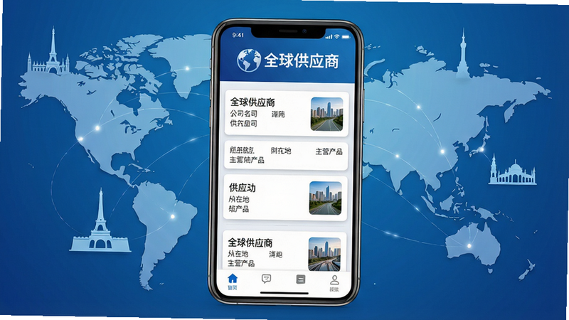 主体:智能手机屏幕展示“全球供应商”应用主界面,界面顶部显示“全球供应商”中文Logo与地球图标,中部为供应商列表卡片,包含公司名称、所在地、主营产品缩略图,底部导航栏清晰。布局:手机居中,背景为渐变蓝色商务风格,周边环绕细微的线条连接世界各地地标剪影,体现全球化。排版:界面元素排列整齐,信息层级分明。风格:扁平化现代商务风,配色以蓝白为主。细节:屏幕内文字清晰可读,卡片阴影自然,界面干净无多余图标。画质:高清渲染,细节丰富,整体干净无多余元素。