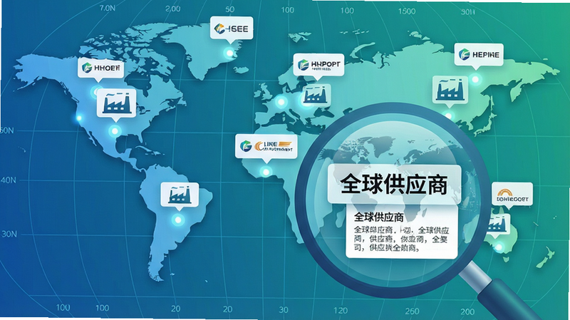 主体:世界地图背景上散布多个发光坐标点,每个点旁显示小型供应商企业标志或厂房图标,前景为放大镜正在扫描一个坐标点,镜片内出现“全球供应商”字样与公司简介卡片。布局:地图居中,放大镜位于右下侧,视觉焦点集中。排版:信息以浮动卡片形式呈现,简洁明了。风格:科技感插画风,蓝绿渐变色。细节:地图经纬线清晰,坐标点发光效果柔和,文字“全球供应商”用粗体。画质:高分辨率,干净无多余元素。