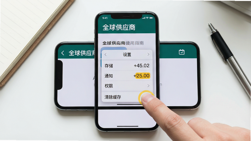 主体:一部手机横屏显示“全球供应商”使用指南界面,屏幕中弹出“设置”菜单,包含“存储”、“通知”、“权限”等选项,手指正在点击“清除缓存”。布局:手机居中,背景为简洁桌面,周围有记事本与笔。排版:菜单列表清晰,手指位置醒目。风格:写实教学风格,自然光。细节:屏幕文字“全球供应商”清晰可见,缓存大小数字高亮。画质:高清,干净无多余元素。