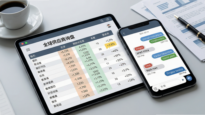 主体:平板电脑与手机并排展示“全球供应商”询盘界面,左侧为报价对比表格,右侧为聊天对话框,对话框内显示多语言翻译气泡。布局:设备斜放,背景为浅灰色商务环境,桌面有咖啡杯与文件。排版:表格行清晰,聊天消息按时间排列。风格:写实商务风,色调柔和。细节:表格中数字与百分比高亮,翻译气泡带有语言标签。画质:照片级清晰度,干净无多余元素。