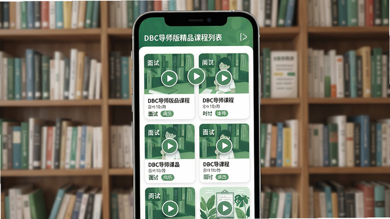 主体:DBC导师版精品课程列表界面,手机屏幕中课程封面图整齐排列,背景为书架墙。布局:手机居中,屏幕内课程卡片网格分布。排版:每个卡片有标题、时长、讲师名,布局规整。风格:教育感插画风,绿色与白色主调,清新自然。细节:播放按钮悬浮于封面中央,课程分类标签如“面试”、“简历”清晰可见。画质:高清,无多余元素。