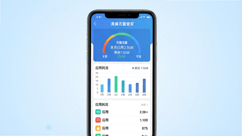 主体:一部智能手机屏幕显示“清澜流量管家”应用界面,界面中有流量仪表盘、柱状图、应用列表。布局:手机居中,屏幕内容清晰可见,背景为浅蓝色渐变。排版:界面元素排列整齐,图表数据直观。风格:现代扁平化设计,色彩清新。细节:屏幕中显示“本月已用2.5GB”、“剩余7.5GB”等字样,下方有应用耗流排行。画质:高清渲染,干净无多余元素。