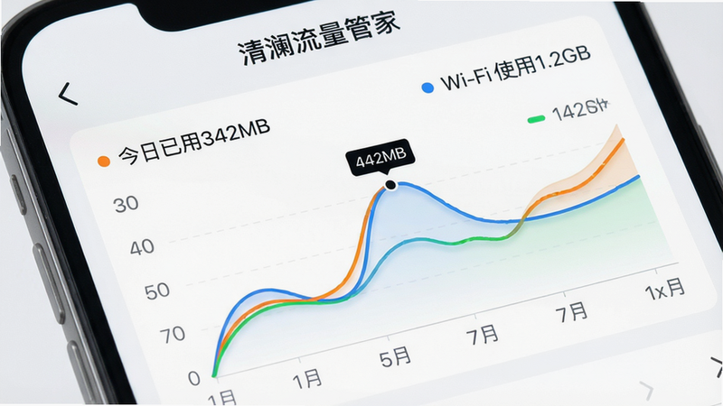 主体:“清澜流量管家”应用界面特写,显示流量统计图表。布局:图表居中,背景为浅色。排版:数据标签清晰,曲线图流畅。风格:简洁数据可视化风格。细节:图表显示“今日已用342MB”、“Wi-Fi使用1.2GB”,并用不同颜色区分。画质:高清,干净无多余元素。