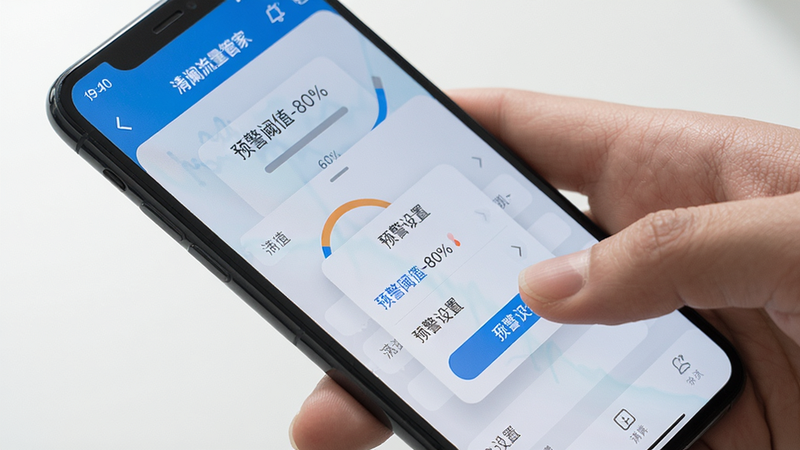 主体:用户正在手机上操作“清澜流量管家”,屏幕显示设置界面。布局:手机倾斜45度,屏幕内容可见。排版:界面清晰,手指点击“预警设置”选项。风格:实拍风格。细节:手机屏幕上显示“预警阈值-80%”,并弹出设置菜单。画质:高清,干净无多余元素。