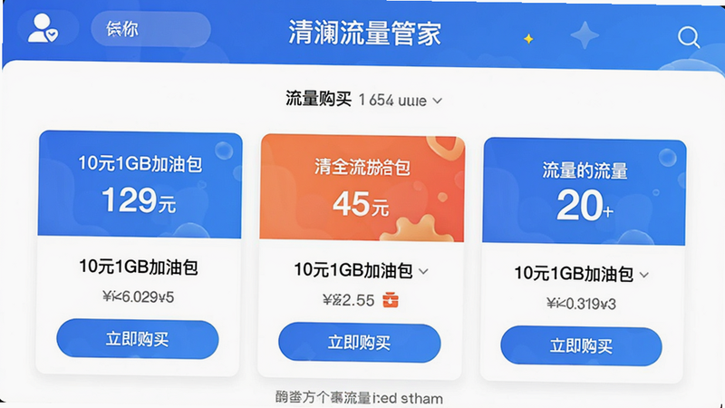 主体:“清澜流量管家”流量购买页面。布局:页面居中,展示流量包选项。排版:卡片式布局,价格与流量数清晰。风格:电商风格界面。细节:显示“10元1GB加油包”等选项,并标注“立即购买”按钮。画质:高清,干净无多余元素。