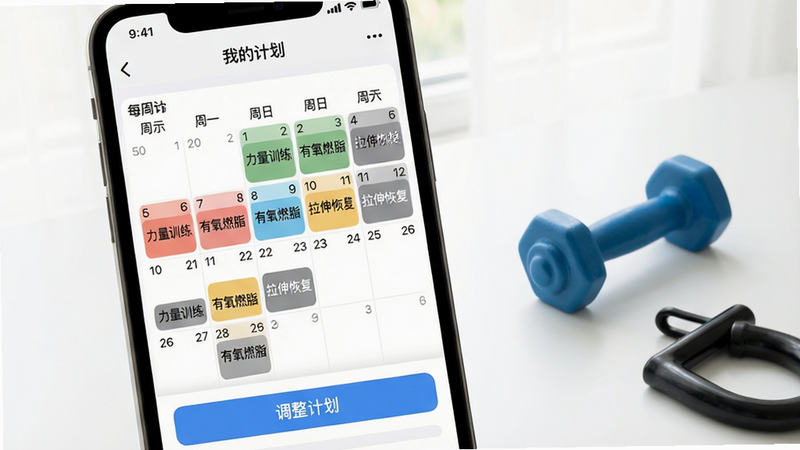 图片主体为运动健康训练APP的“我的计划”页面截图,屏幕中央显示每周训练日历,不同日期标注不同颜色的训练类型如“力量训练”、“有氧燃脂”、“拉伸恢复”,下方有“调整计划”按钮。手机右侧摆放小哑铃和握力器,背景为简洁的白色桌面,搭配柔和窗光,整体画面明亮干净,突出智能规划功能,文字内容清晰可读,画质细腻,无多余元素。