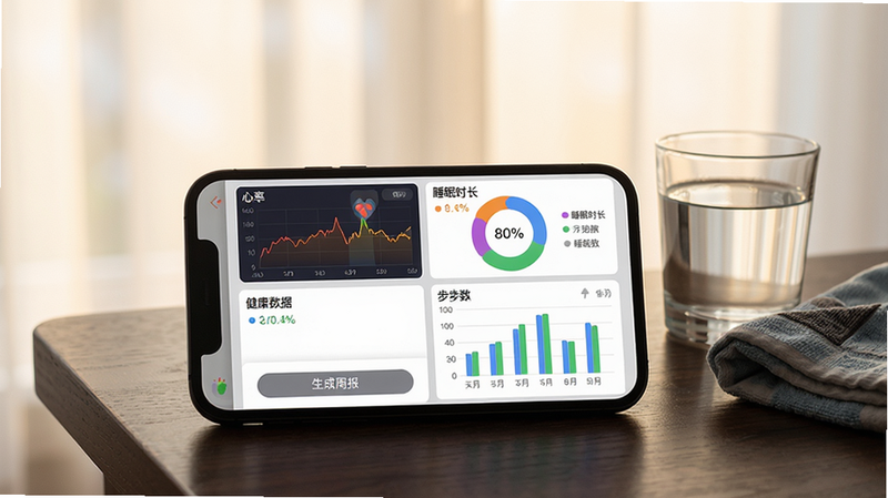 主体为运动健康训练APP的“健康数据”仪表盘截图,包含心率折线图、睡眠时长环形图、步数柱状图,每个图表用不同颜色区分,下方有“生成周报”按钮。手机放置在深色木质桌面上,旁边有一杯水和一条运动毛巾,背景为模糊的晨光窗帘,整体风格简约温馨,图表数据清晰明亮,画质细腻,无多余元素。