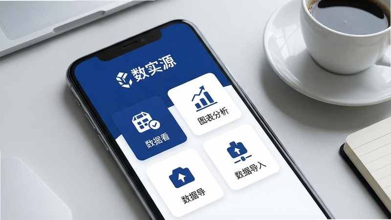 一张智能手机屏幕特写,屏幕上显示数实源应用的主界面,界面以深蓝色和白色为主色调,顶部有“数实源”中文Logo,下方排列着数据看板、图表分析、数据导入等模块图标,整体布局简洁现代,背景为浅灰色办公桌面,旁边放有一杯咖啡和笔记本,画面干净明亮,风格写实,高清画质,无多余元素