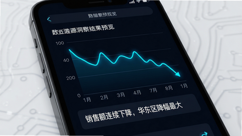 数实源应用的数据洞察结果预览图,手机屏幕上显示一条折线图和一段文字摘要:“销售额连续下降,华东区降幅最大”,界面以深色背景搭配霓虹蓝线条,风格科技感,写实渲染,高清画质,干净无多余元素