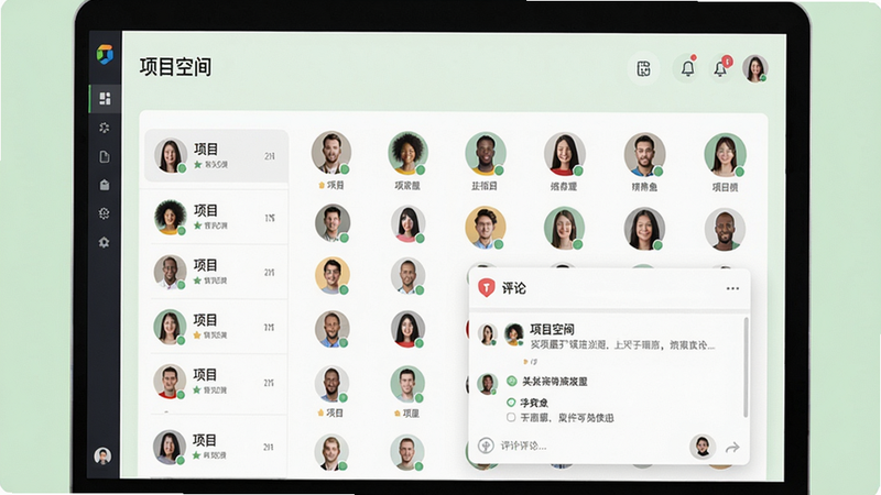 数实源应用的团队协作界面预览图,屏幕上显示项目成员列表和评论框,顶部有“项目空间”标题,背景为淡绿色,成员头像排列整齐,界面友好,写实风格,高清画质,干净无多余元素