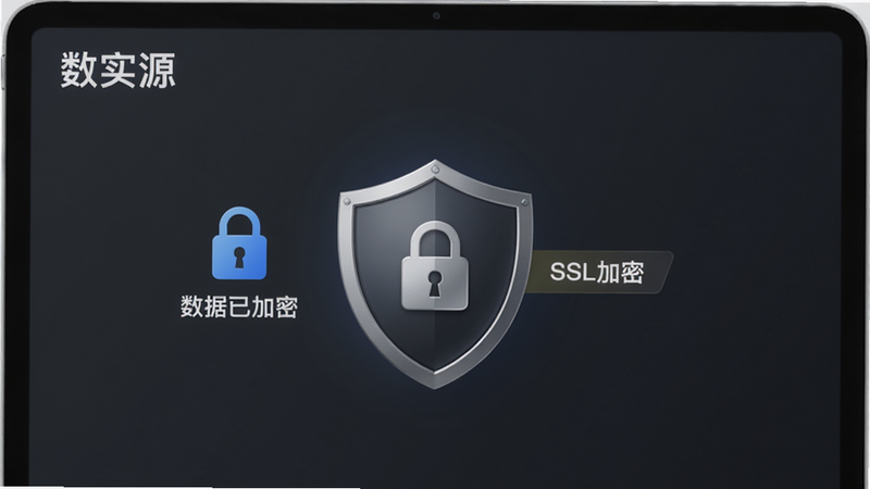 数实源应用的安全认证界面预览图,屏幕上显示“数据已加密”图标和“SSL加密”标识,背景为深灰色,中心有一个盾牌图案,文字“数实源”出现在左上角,风格简洁,写实渲染,高清画质,干净无多余元素