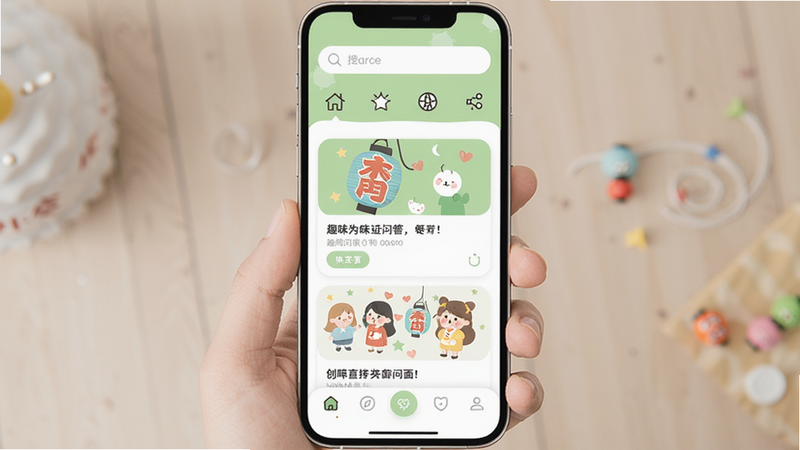 ǳ��ʶȤapp������Ԥ��ͼ���ֻ���Ļչʾ���¼�Լ����ҳ���֣��������������ͷ���ͼ�꣬�м��ǿ�ƬʽȤζ�ʴ����ݣ��ײ�����������Բ����ƣ��������������ã�ɫ���Ե���ɫ�Ͱ�ɫΪ�������ʸ��壬�ɾ��޶���Ԫ��