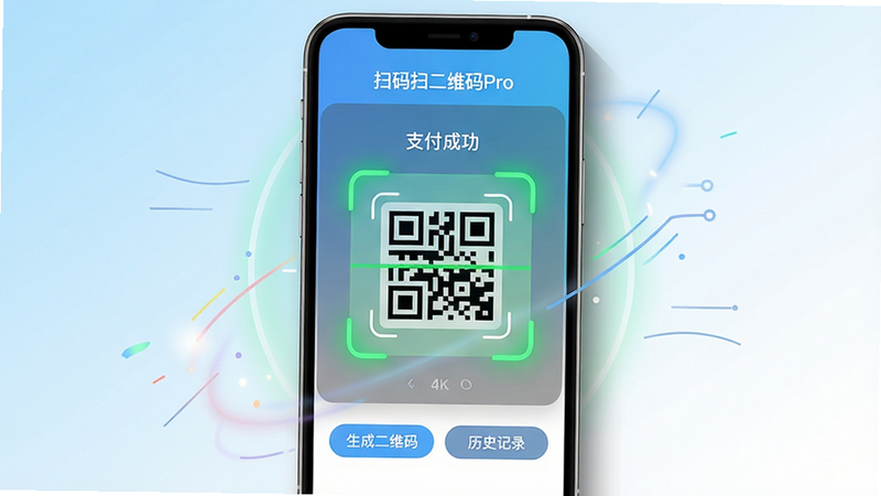 主体:智能手机屏幕显示扫码扫二维码Pro应用界面,界面中央有扫描框,上方显示扫描结果“支付成功”,手机周围有柔和的光效和简洁的线条装饰,下方有“生成二维码”“历史记录”等按钮。布局:手机居中,背景为渐变色从浅蓝到白色,扫描框发出绿色光芒。排版:手机屏幕内操作界面清晰,文字“扫码扫二维码Pro”显示在屏幕上方。风格:现代科技感,扁平化设计,色彩明亮。细节:扫描框内有二维码图案,手机边缘有阴影。画质:4K,干净无多余元素。