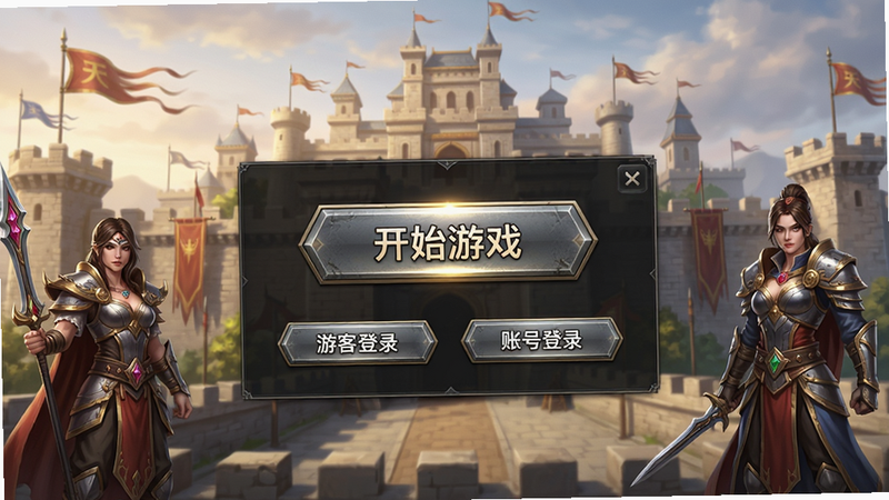 主体:开天英雄游戏登录界面,画面中央有“开始游戏”按钮,背景是宏伟的沙巴克城,两侧有角色立绘;布局:登录框居中,按钮醒目,下方有“游客登录”与“账号登录”选项;排版:UI简洁,按钮有金属质感;风格:写实魔幻;细节:城墙上旗帜飘扬,光线柔和,按钮有光泽;画质:高清,画面干净,无多余元素,突出“开天英雄”官方正版。