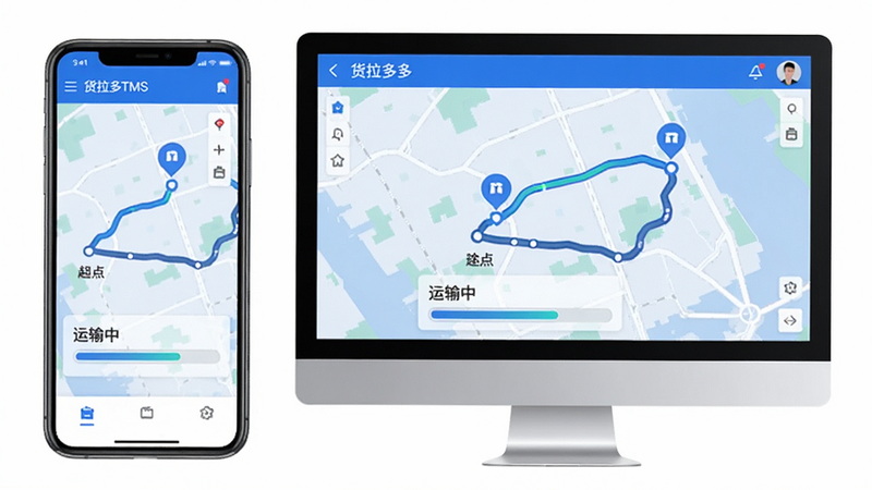 货拉多TMS订单追踪功能示意图,手机与电脑屏幕并排展示,屏幕上显示货物运输轨迹地图,带有起点、终点和途经点标记,进度条显示“运输中”,界面简洁清晰,蓝色科技风格,画质干净,无多余元素
