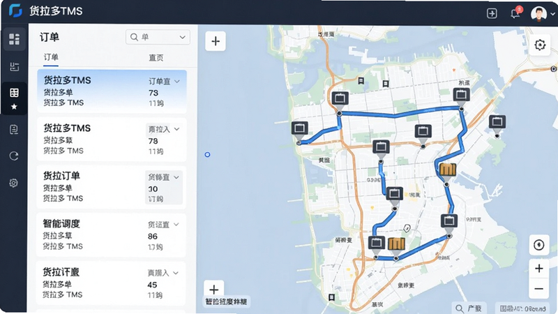 货拉多TMS软件智能调度功能界面预览图,左侧为订单列表,右侧为地图路线规划,蓝色线条标注最优配送路径,多个货物标记点分布在地图上,界面清晰直观,设计风格简洁商务,画质干净,无多余元素