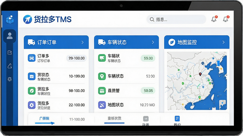 一幅展示货拉多TMS软件主界面的高清截图,界面以蓝色和白色为主色调,顶部显示“货拉多TMS”品牌标识,下方清晰列出订单列表、车辆状态、地图监控等核心功能模块,整体风格简洁现代,图标圆润,信息层级分明,画质干净,无多余元素