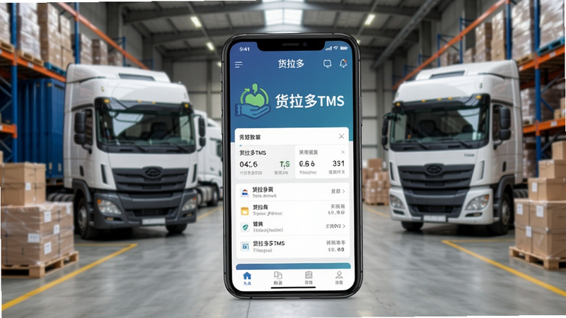 货拉多TMS手机APP使用场景图,一部智能手机屏幕显示货拉多TMS主界面,背景为物流仓库,有卡车和货物,画面清晰,光线充足,体现实际应用环境,画质干净,无多余元素
