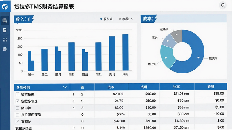 货拉多TMS财务结算报表界面预览图,屏幕上显示柱状图与饼图,展示收入与成本数据,下方列表列出各项收支明细,界面配色以蓝白为主,图表设计专业,数据清晰,画质干净,无多余元素