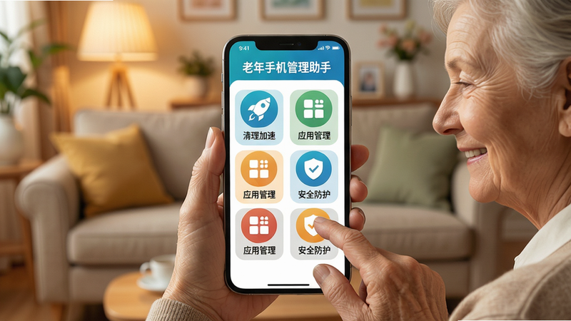主体:一部智能手机屏幕展示“老年手机管理助手”主界面,界面有大号字体图标和清晰的功能分区,背景是温馨的家庭客厅,一位老人微笑着手持手机。布局:手机位于画面中心,屏幕内容特写,周围有柔和的暖光。排版:界面图标排列整齐,文字标签清晰可见。风格:写实风格,画面明亮,色彩温暖。细节:手机屏幕显示“清理加速”、“应用管理”、“安全防护”等大图标,老人手指轻点屏幕。画质:高清、干净、无多余元素。