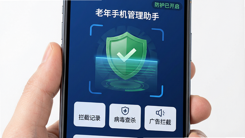主体:手机屏幕展示“老年手机管理助手”的安全防护界面,一个绿色盾牌图标,下方有“拦截记录”、“病毒查杀”、“广告拦截”三个功能入口。布局:盾牌居中,背景为深蓝色,有扫描动画。排版:功能入口排列整齐,文字清晰。风格:安全可靠感,色彩稳重。细节:盾牌上有对勾,屏幕右上角显示“防护已开启”。画质:质感好、干净、无多余元素。