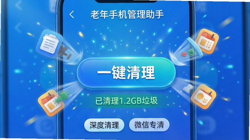 主体:手机屏幕显示“老年手机管理助手”的清理加速界面,中间有一个大大的“一键清理”按钮,周围有垃圾文件、缓存图标被扫走的动效。布局:按钮居中,背景为蓝色渐变,有粒子特效。排版:按钮下方有“已清理1.2GB垃圾”的绿色文字。风格:科技感与亲和力结合。细节:界面有“深度清理”、“微信专清”两个小标签,整体动态感强。画质:高清、明亮、无多余元素。