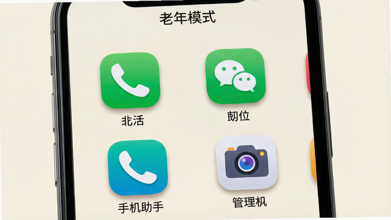 主体:一部手机屏幕展示“老年手机管理助手”的极简桌面,上面排列着几个超大图标,如电话、微信、相机,每个图标下方有清晰中文标注。布局:手机居中,桌面背景为浅色,图标色彩鲜艳。排版:图标间距均匀,文字大小醒目。风格:扁平化设计,简洁明快。细节:图标边缘圆润,有轻微的阴影效果,屏幕上方有“老年模式”字样。画质:干净、无多余元素。