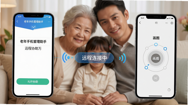 主体:两部手机,一部显示“老年手机管理助手”的远程协助界面,另一部显示子女手机的控制界面,中间有连接动画。布局:左右对称,背景为家庭合影。排版:界面简洁,有“远程连接中”的提示。风格:温馨、科技感。细节:老人手机屏幕上有“允许协助”按钮,子女手机上有“画圈”操作轨迹。画质:清晰、干净、无多余元素。