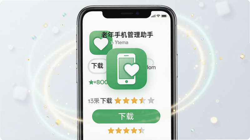 主体:一张图片,展示“老年手机管理助手”在手机应用商店的下载页面,有“下载”按钮和星级评分。布局:图片中心为手机屏幕,周围有光效。排版:屏幕上有应用名称、图标、下载量、评分。风格:写实,明亮。细节:应用图标为绿色圆形,内有白色手机和心形图案。画质:高清、干净。