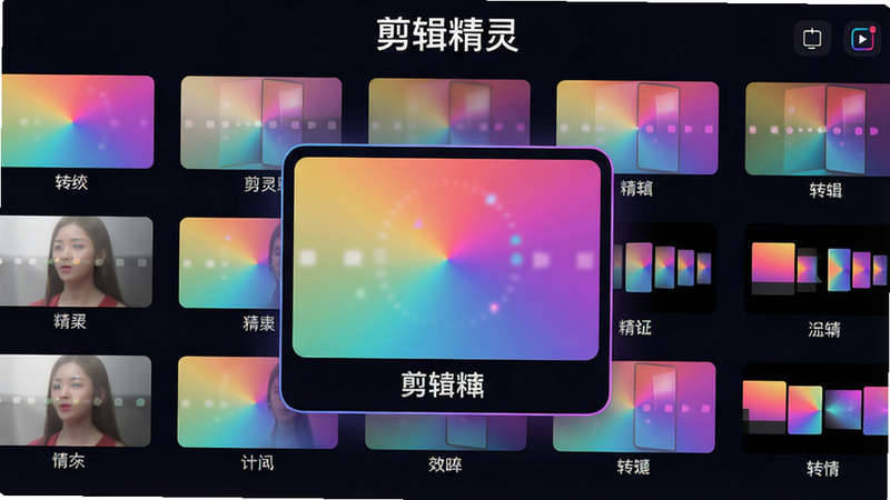 主体:剪辑精灵应用的特效库界面,展示多种滤镜和转场效果缩略图。布局:网格状排列特效卡片,中间一张卡片被放大突出。排版:每个卡片下标注效果名称,顶部有“剪辑精灵”字样。风格:时尚炫酷,色彩鲜艳。细节:特效卡片上有渐变预览图,背景为深色突出内容。画质:超清,干净,无多余元素。