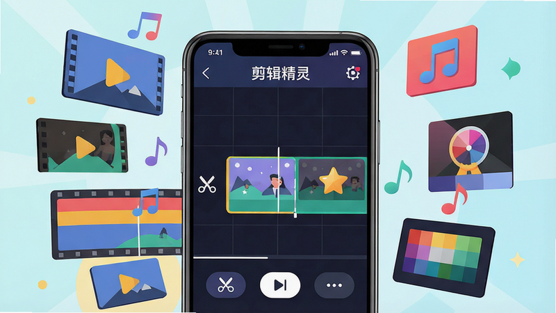 主体:一部智能手机屏幕显示剪辑精灵应用界面,周围有飘浮的视频素材、时间线、音乐音符和滤镜色块元素。布局:手机居中,四周装饰性元素环绕,构图饱满。排版:界面清晰展示“剪辑精灵”字样和主要编辑按钮。风格:现代扁平化插画风格,色彩明快,科技感强。细节:手机屏幕内有视频轨道、剪刀图标、特效星形,背景有淡淡的网格线。画质:4k高清,干净,无多余元素。