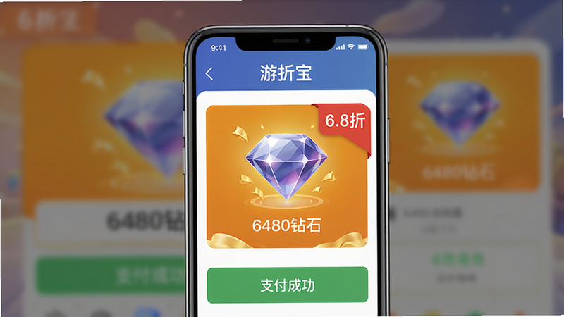 游折宝充值界面截图风格示意图,前景为放大的手机界面,显示“6480钻石”商品标注“6.8折”红色标签,背景虚化处理突出主体,整体布局简洁,排版有对比感,风格写实,细节包括支付成功提示,画质清晰干净,无多余元素