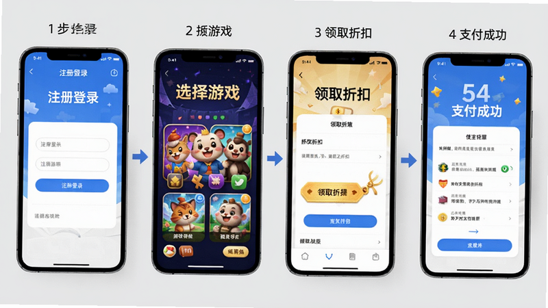 游折宝使用教程步骤图,画面以手机截图拼贴形式展示,步骤1注册登录,步骤2选择游戏,步骤3领取折扣,步骤4支付成功,排列顺序从左到右,背景为浅灰色画布,风格简洁明了,细节有箭头指示,画质高清干净,无多余元素