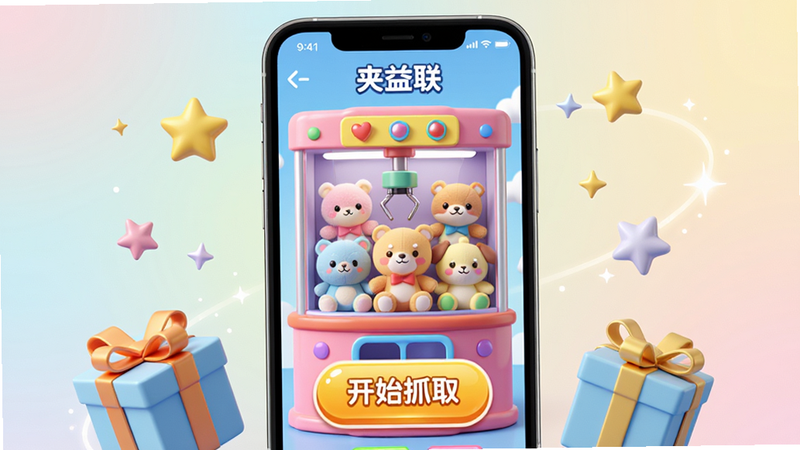 ��������չʾһ�������ֻ�����Ļ����ʾ����������App���棬��������ɫ���ͷ׵����޻����ɰ���ë����ߺ���Ŀ�ġ���ʼץȡ����ť���ֻ���Χ�������ǹ�������Ԫ�أ�����Ϊ��͵Ľ���ɫ�����岼�ּ�����죬���ͨ���ã�ϸ�ھ��£����ʸ���ɾ����޶���Ԫ�ء�