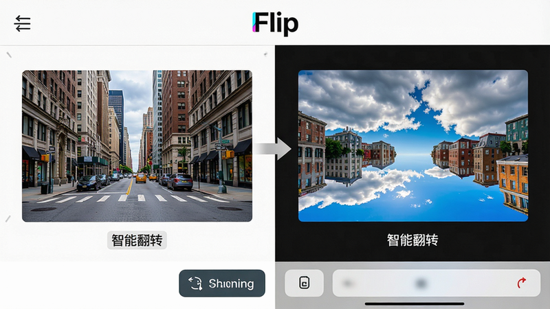 ���壺FlipӦ�ý�����չʾ���ܷ�ת���湤�����̣����Ϊԭʼ��Ƭ���Ҳ�Ϊ��ת���Ч���Ա�ͼ���м��м�ͷ���ӡ����֣����ҷ����Աȣ������С�Flip��Ӣ��logo���ײ��й��ܰ�ť���Ű棺�����࣬�Ա�ͼ�·��С����ܷ�ת�����ֱ�ǩ����񣺿Ƽ��У�רҵӰ�񹤾߷��ϸ�ڣ�ԭʼ��Ƭ�ǳ��н־�����ת��������µߵ����Ʋ��뽨����ɫ�����ޡ����ʣ��������ȣ��ɾ����޶���Ԫ�ء�