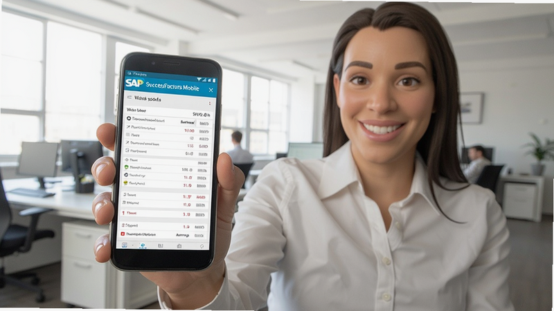 一张员工手持手机使用SAP SuccessFactors Mobile查看工资单的实拍图,手机屏幕清晰显示工资明细表格,背景为明亮的办公区域,员工面带微笑,画面自然真实,突出软件名称