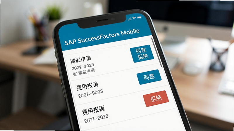一张手机屏幕特写,屏幕中显示SAP SuccessFactors Mobile的审批列表界面,包含
