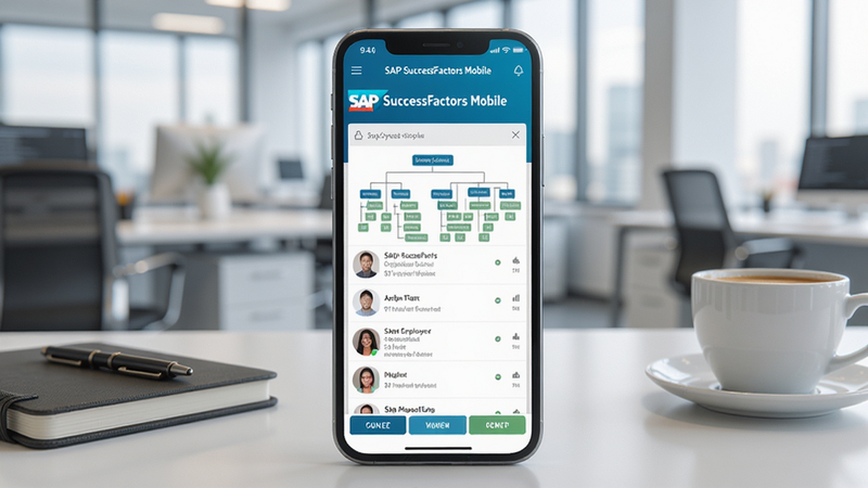 一张展示智能手机屏幕上的SAP SuccessFactors Mobile应用界面的图片,屏幕中显示组织架构与员工信息列表,背景为现代办公室环境,手机位于桌面中央,旁边放有笔记本和咖啡杯,画面清晰明亮,干净无多余元素,突出软件名称