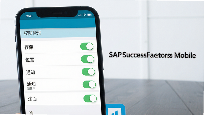 一张展示手机设置界面中管理SAP SuccessFactors Mobile权限的截图,屏幕显示“权限管理”选项,包括“存储”、“位置”、“通知”等开关,背景为简洁的桌面,画面干净,文字清晰,标注