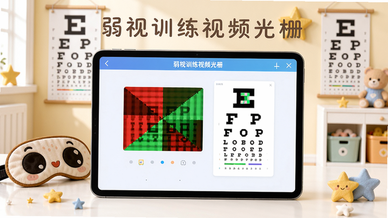 图片整体以明亮温馨的儿童房为背景,中央展示手机或平板屏幕上的“弱视训练视频光栅”软件界面,界面中有红绿光栅动画和视力表元素,周围摆放卡通眼罩、视力表挂图、小星星装饰,画面干净明亮,色调柔和,画质清晰,无多余元素,文字标注“弱视训练视频光栅”