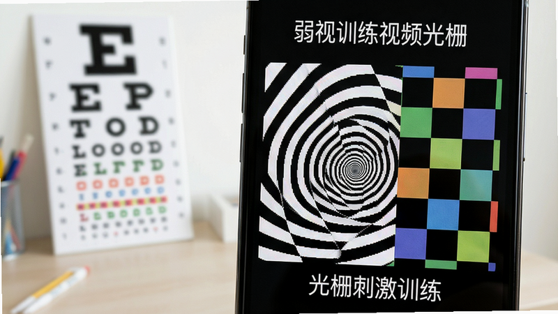 手机屏幕特写显示“弱视训练视频光栅”中的光栅动画,画面为黑白条纹旋转与彩色棋盘格交替,背景虚化,桌面摆放视力表,整体干净明亮,画质高清,无多余杂物,文字标注“光栅刺激训练”