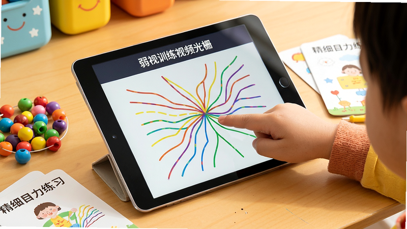 儿童手指在平板电脑上操作“弱视训练视频光栅”的描图游戏,屏幕显示彩色线条图案,桌面有彩色珠子与训练卡片,画面温馨活泼,色彩鲜艳,画质清晰,无多余元素,文字标注“精细目力练习”