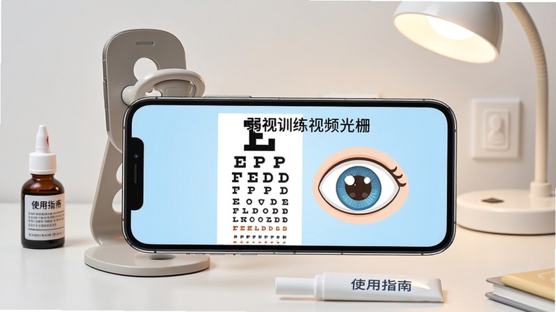 手机横屏放置桌面,屏幕显示“弱视训练视频光栅”的引导页,画面有视力表与卡通眼睛,周围有手机支架、眼药水、护眼台灯,风格简洁明快,画质干净,无多余元素,文字标注“使用指南”